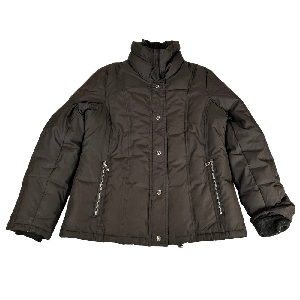 Michael Kors Womens Brown Puffer Jacket Medium Ribbed Collar Zip Snap Coat